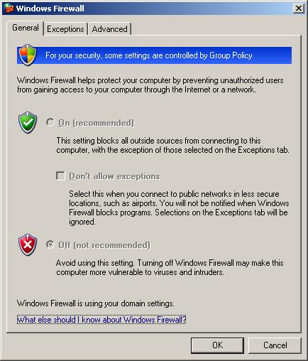 Windows firewall options greyed out by domain policy